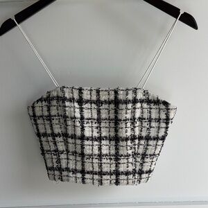 Alice + Olivia Ceresi Black and White Plaid Tweed Spaghetti Strap Crop Top